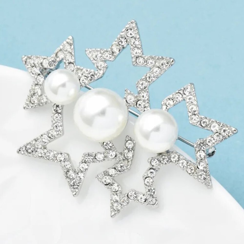 Jewelry pin brooch star stars pearl pearls sparkly shiny silver tone elegant new